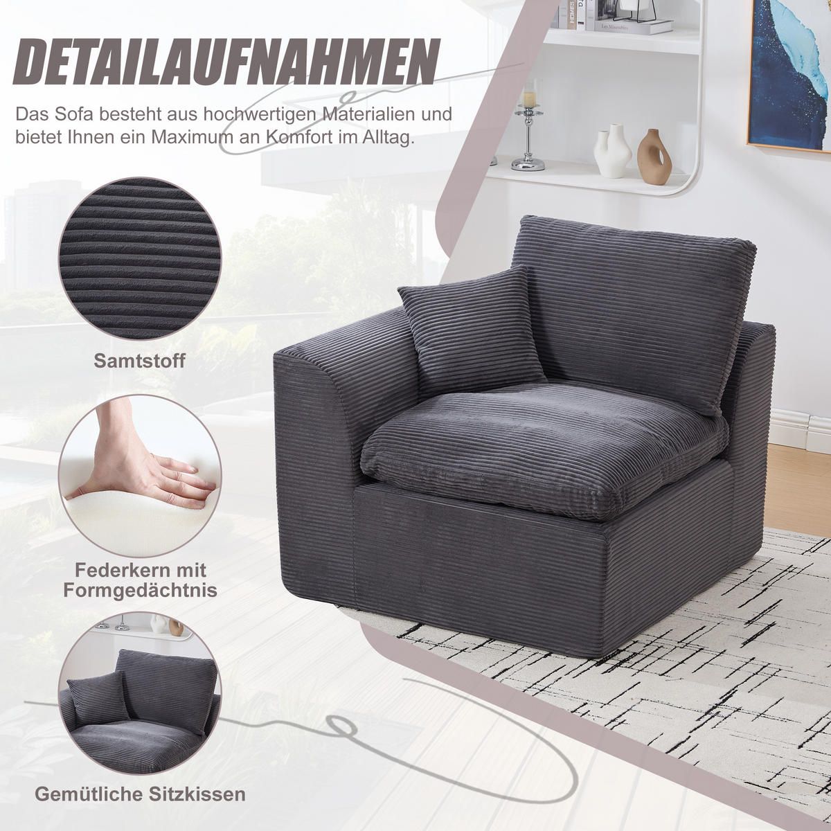 SESSEL Cord-Sofa mit Federkern-Polsterung und Kissen, Montagefrei - Dunkelgrau, Textil (101/84/102cm) - Urban Meuble