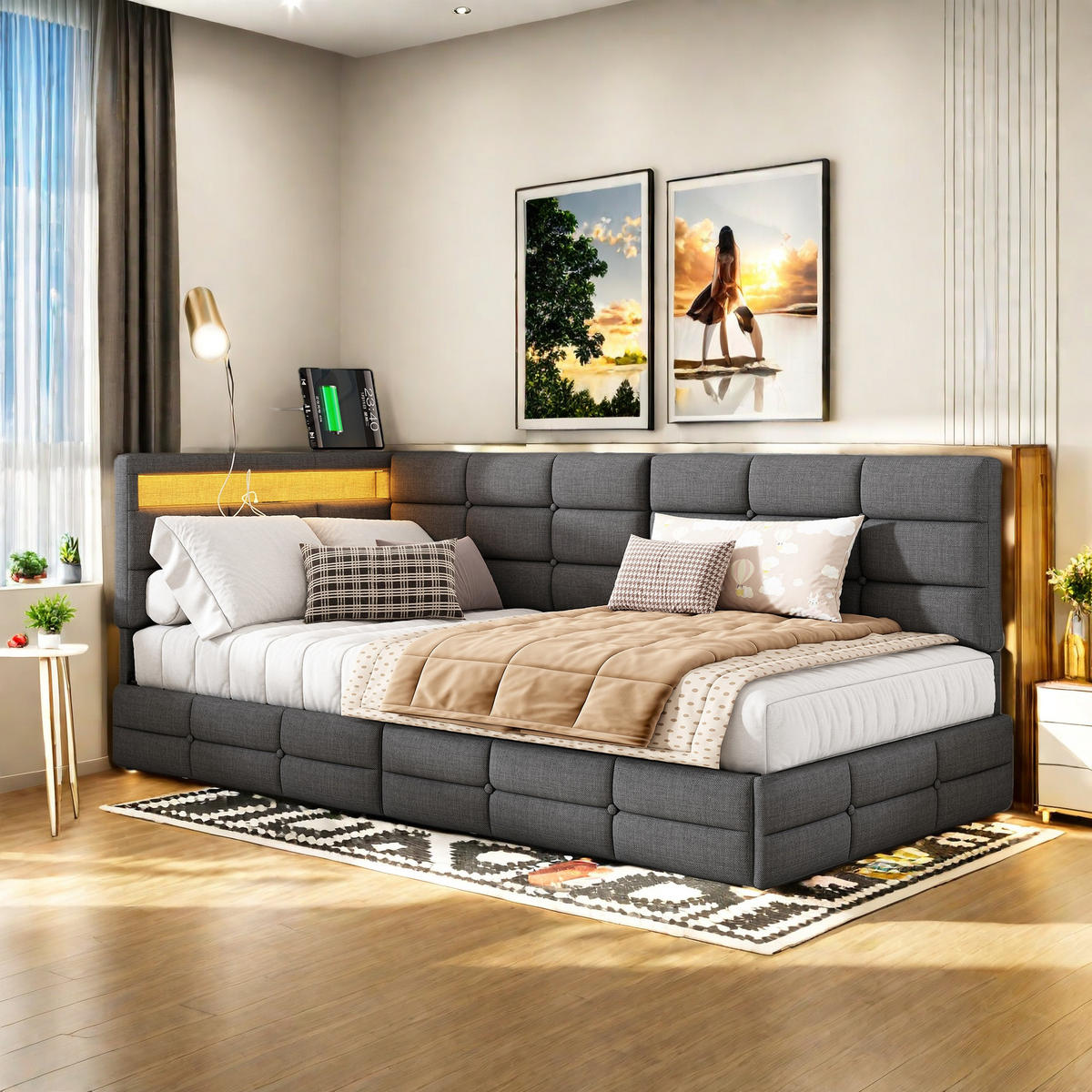 POLSTERBETT 90 x 200 cm, mit USB-Anschluss und LED-Beleuchtung, Einzelbett mit 2 Schubladen, Leinenbezug, grau - Grau, Holz (90/200cm) - WoodenAura