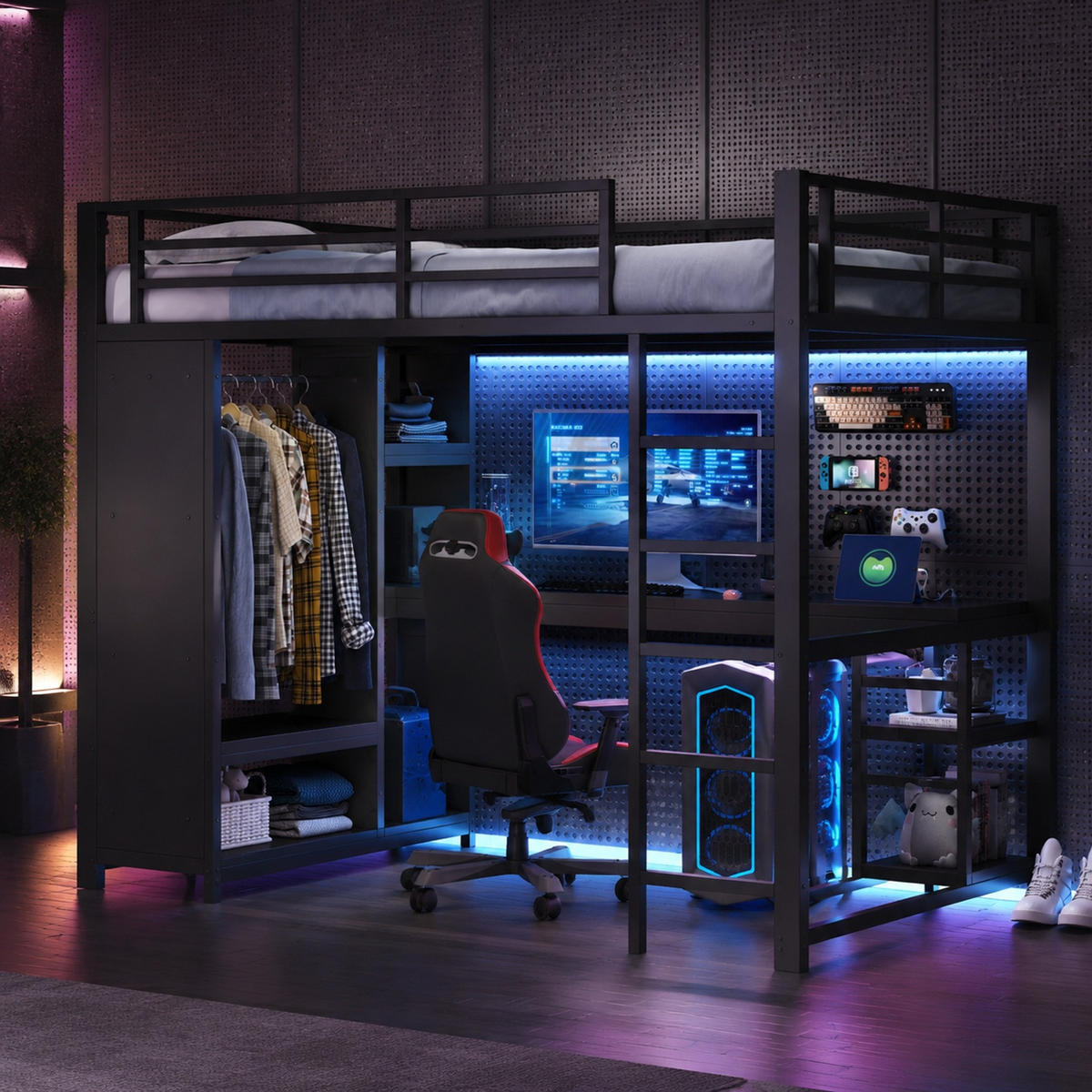 HOCHBETT 140/200 mit LED, Schreibtisch und Kleiderschrank in Schwarz - Schwarz, Metall (140/200cm) - EVRYAE