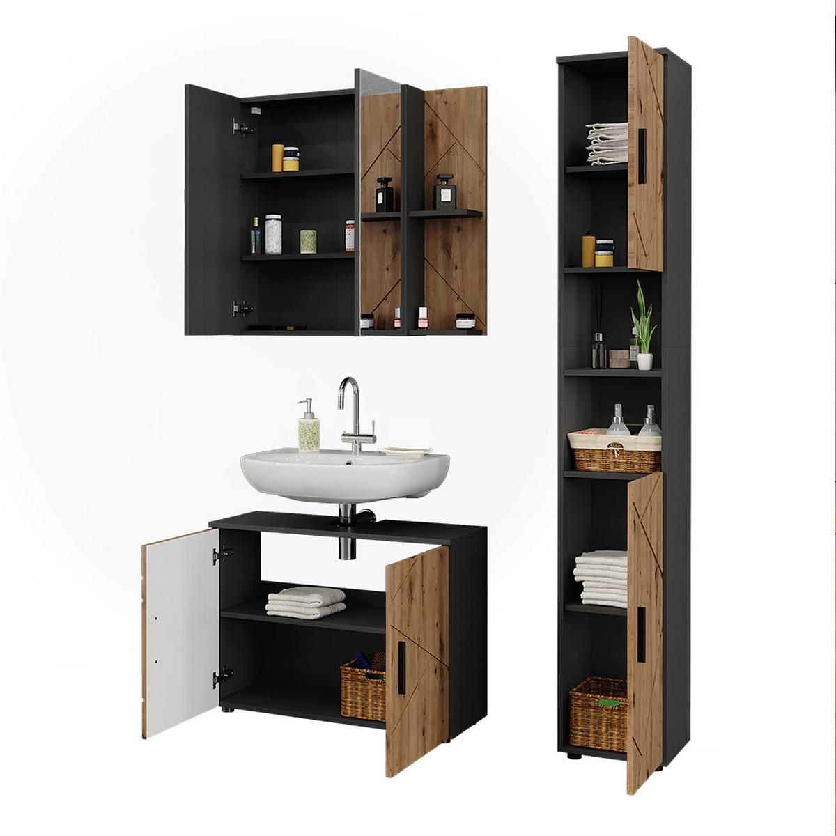 BADMÖBEL-SET Irma Anthrazit/Artisan 3 Teile - Anthrazit/Hellgrau, Holzwerkstoff (80/59/30cm) - Vicco