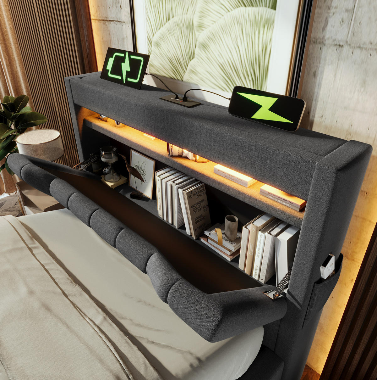 POLSTERBETT 90/200 cm Grau aus Leinen mit LED und Stauraum - Grau, Textil (90/200cm) - OKMYHOME