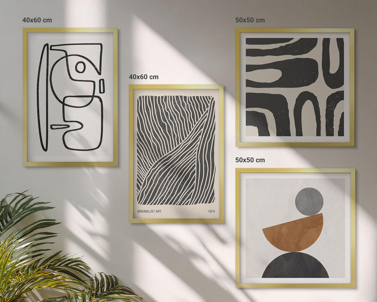 WANDBILDER 4er Set - 50x50 cm & 40x60 cm Goldrahmen - Abstrakte Muster mit Linien - Goldfarben, Kunststoff (50/50cm) - ArtPrintCave