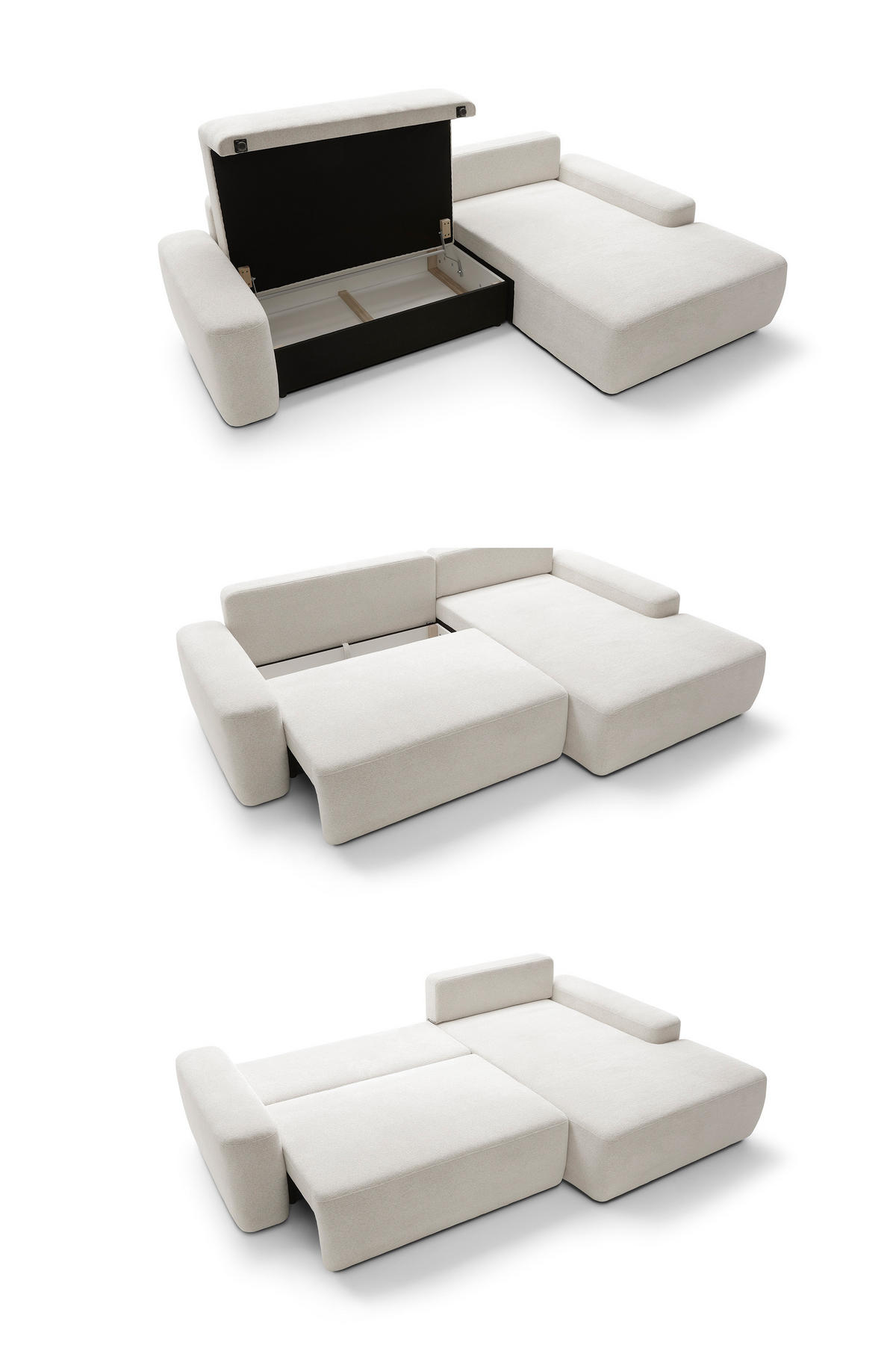 ECKSOFA BOULI 4-Sitzer Polstersofa Raven mit Schlaffunktion 130x210 cm Bettzeugablage 264x162x82 cm rechte, Farbe: Beige​ - Beige, Holz/Textil (264/162cm) - DomoHome