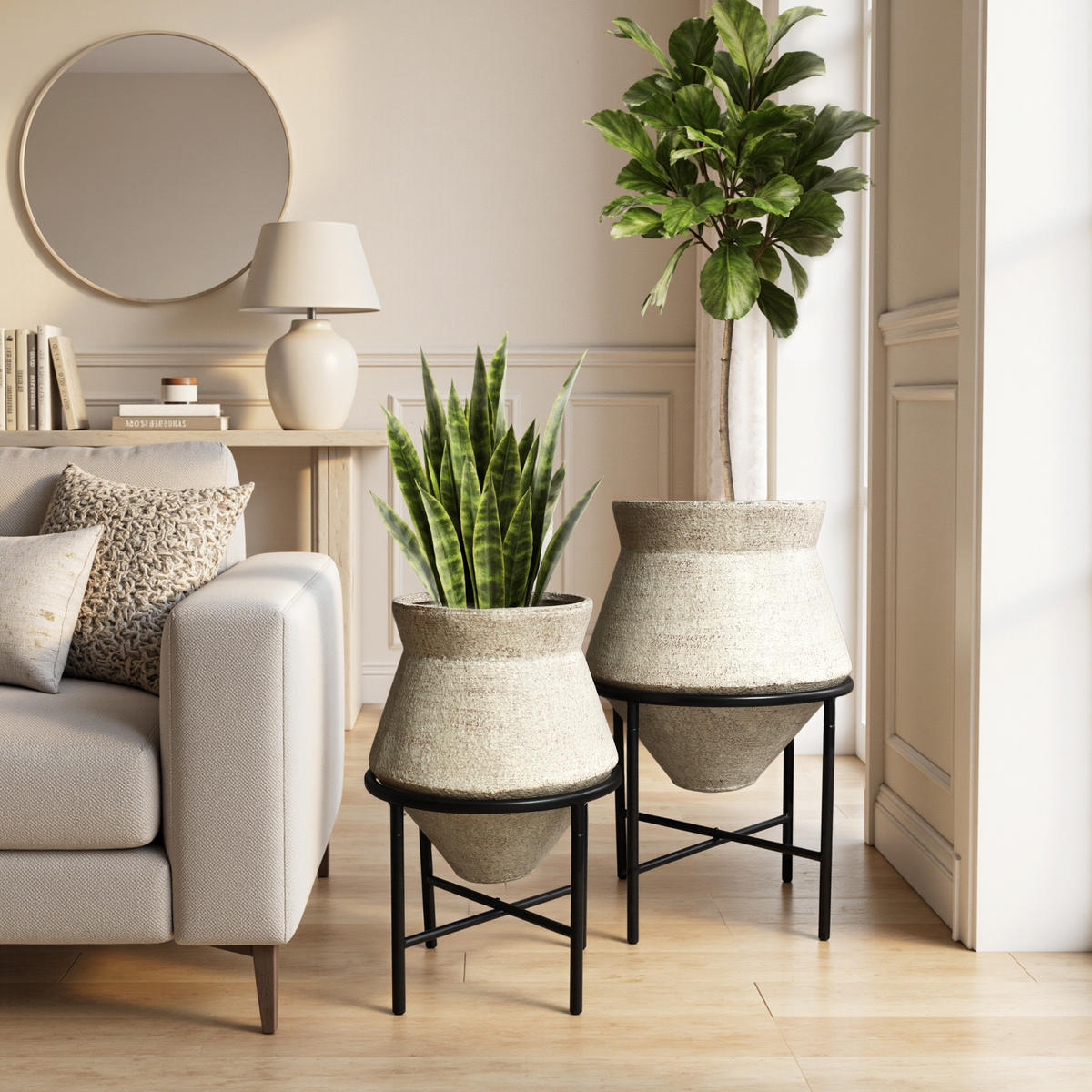 BLUMENTOPF Set 2er aus Eisen, Durchmesser 31& 25cm - Beige, Metall (40/62/40cm) - Hometopia