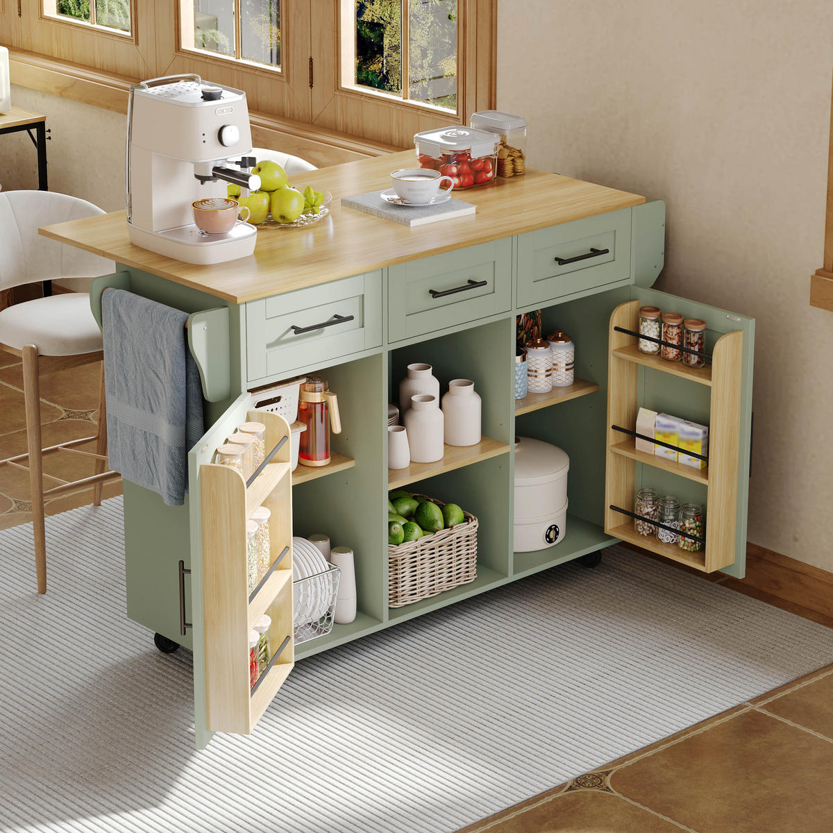 KÜCHENINSEL Antikgrün aus MDF mit klappbarer Erweiterungsplatte 139 × 46 × 91,5 cm - Grün, Holzwerkstoff (139/91.5/71cm) - Luhomfu