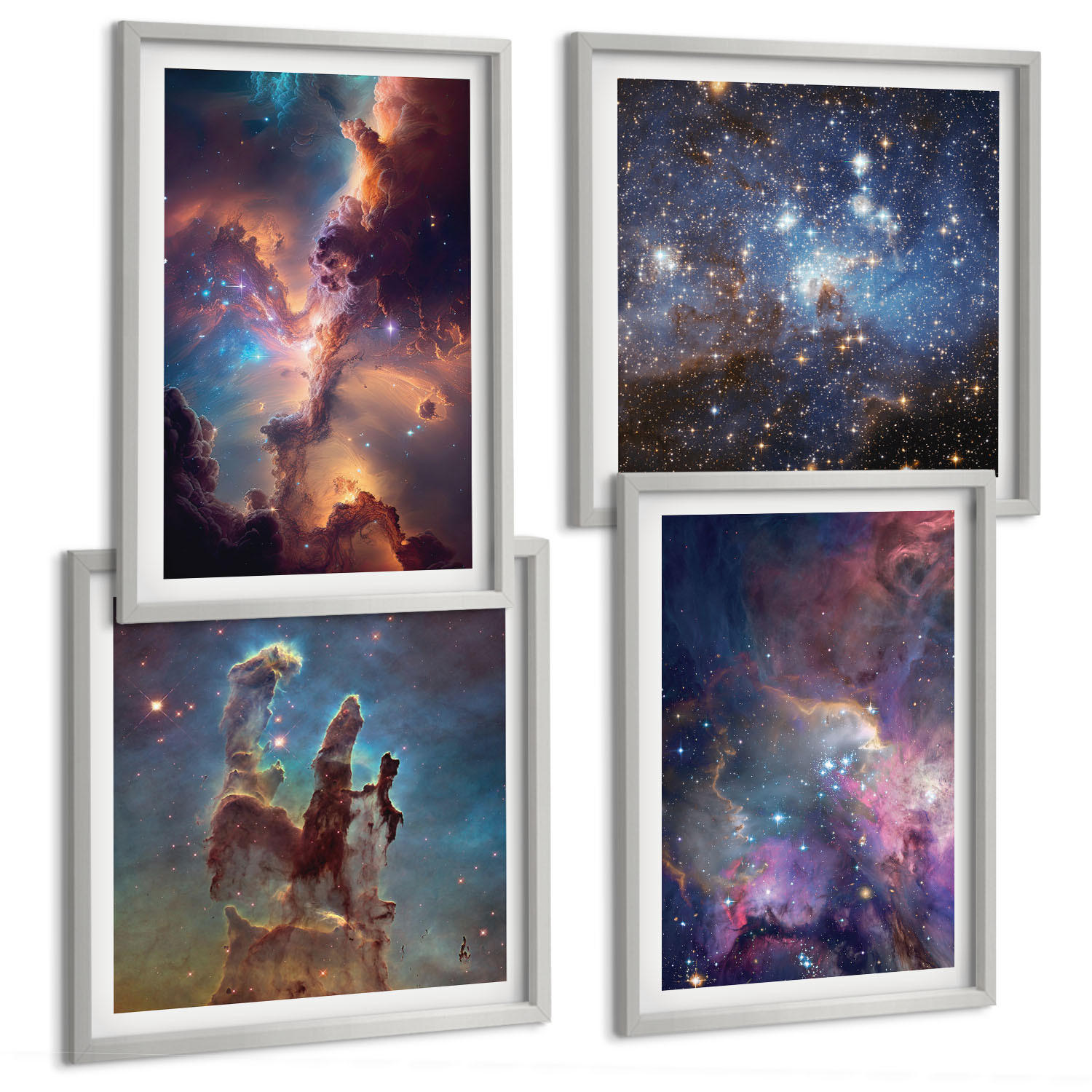 BILDER SET 4er Set - 50x50 cm & 40x60 cm Silberner Rahmen - Kosmische Sternenlandschaften - Silberfarben, Kunststoff (50/50cm) - TULUP