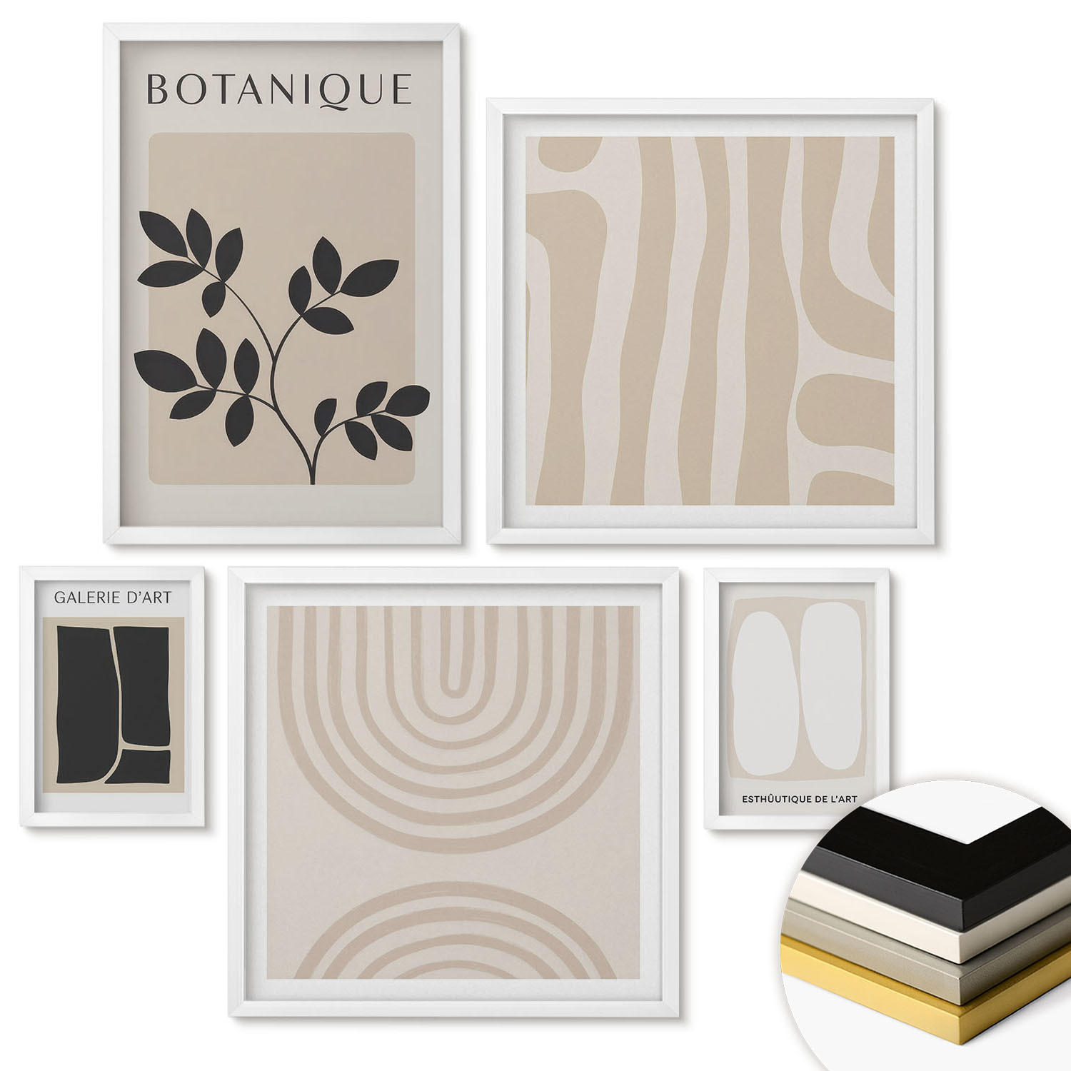 WANDBILDER 5er-Set - 50x50 cm & 20x30 cm & 40x60 cm Weißer Rahmen - Boho-Pflanzenposter - Weiß, Kunststoff (40/60cm) - ArtPrintCave