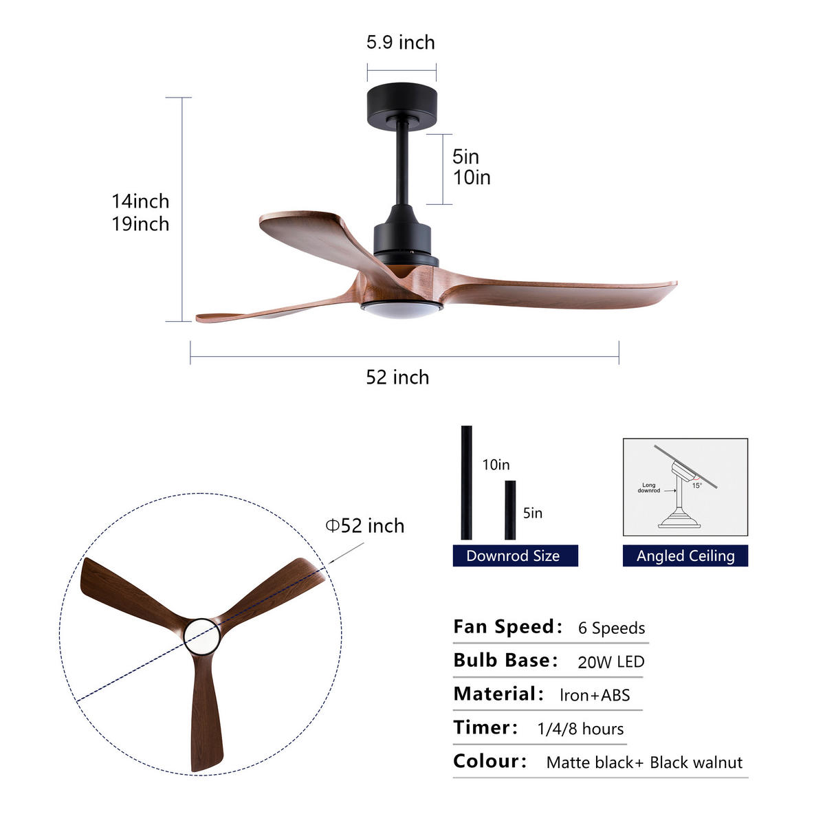 DECKENVENTILATOR DE-16217 52 Zoll mit Speicherfunktion & Fernbedienung Dunkelnussbaum - Walnussfarben, Kunststoff (132/132/48cm) - ComfortXL