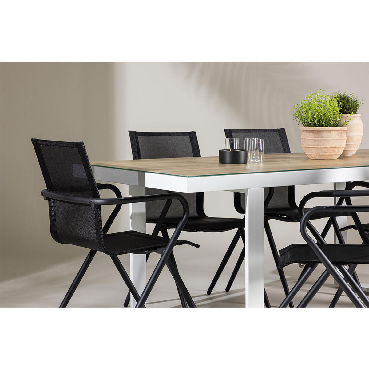 GARTENSET, Merlo, Tisch Weiß, Stühle Schwarz, Metall / Stoff, 90 x 200 x 75 cm, 7-teilig - Weiß, Metall - ebuy24
