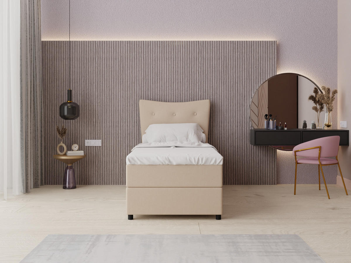 BOXBETT Nevada 90x200 cm Polsterbett mit hochwertiger Bonell-Matratze und Topper - beige - Beige, Holz (90/200cm) - Panda Möbel