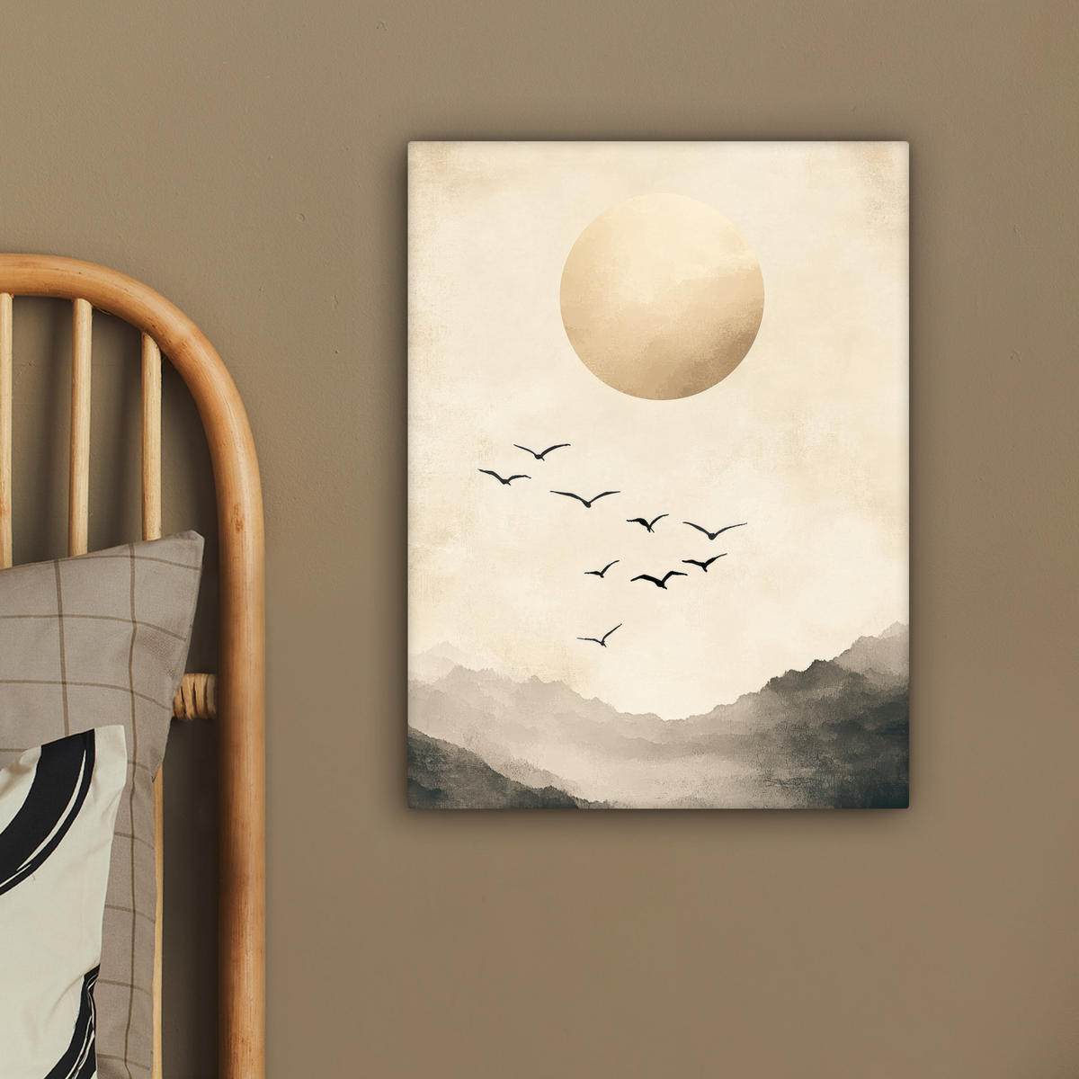 LEINWANDBILD Landschaft - Japandi - Vogel 30x40 cm - Beige, Textil (30/40cm) - MuchoWow