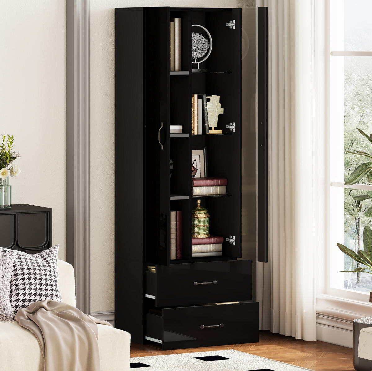 VITRINE 59,5/35/182 cm aus Holzwerkstoff mit LED-Beleuchtung und Acryltür Schwarz - Schwarz, Holzwerkstoff (60/182/35cm) - Modenvie