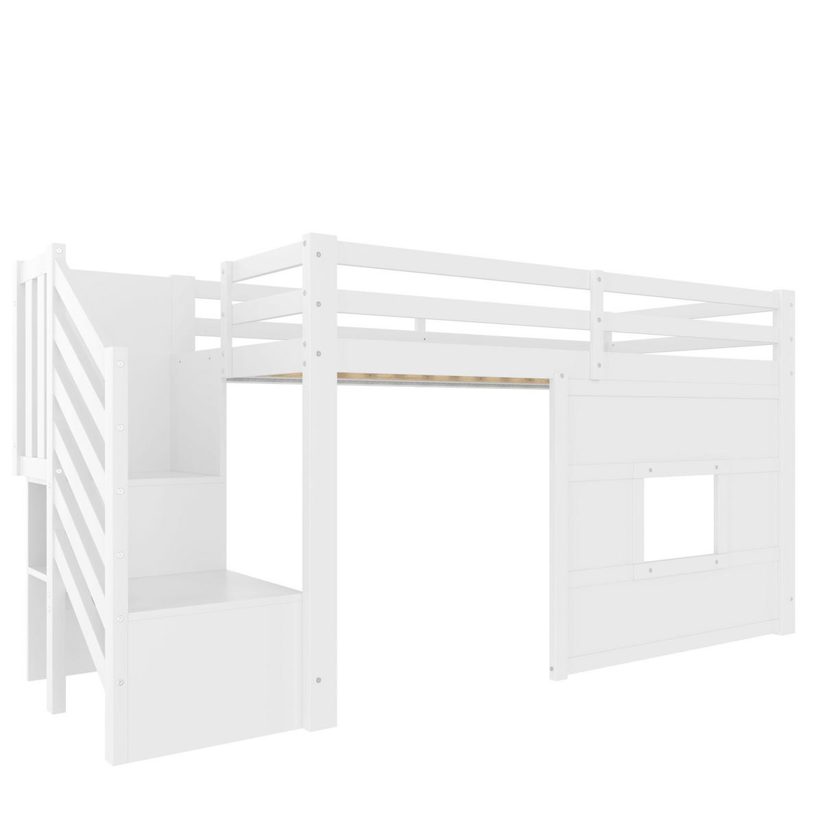 HOCHBETT 90/200 cm mit Stauraumtreppe, Fenster und LED-Beleuchtung aus Kiefer/MDF, Weiß - Weiß, Holzwerkstoff (90/200cm) - Redom