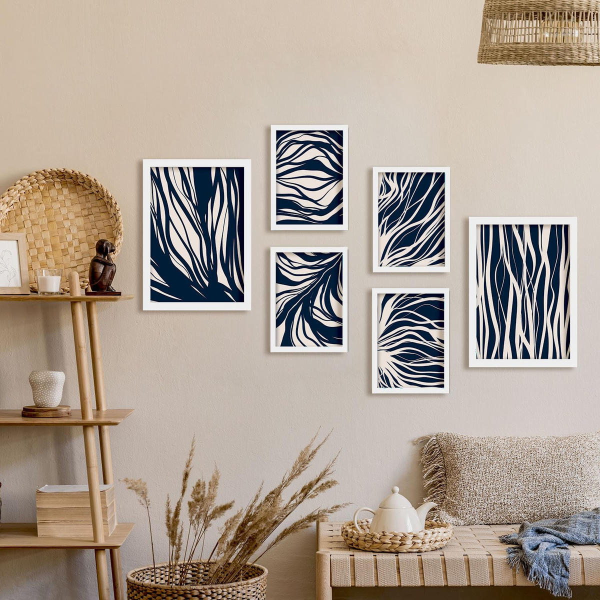 POSTER Set Mit 6 Zweigmuster In Abstrakter Form Ästhetische Dekodrucke Für Ihr Wohnzimmer, Schlafzimmer Oder Zuhause A3 & A4 Weißer Rahmen - Weiß, Papier (29/3cm) - Nacnic