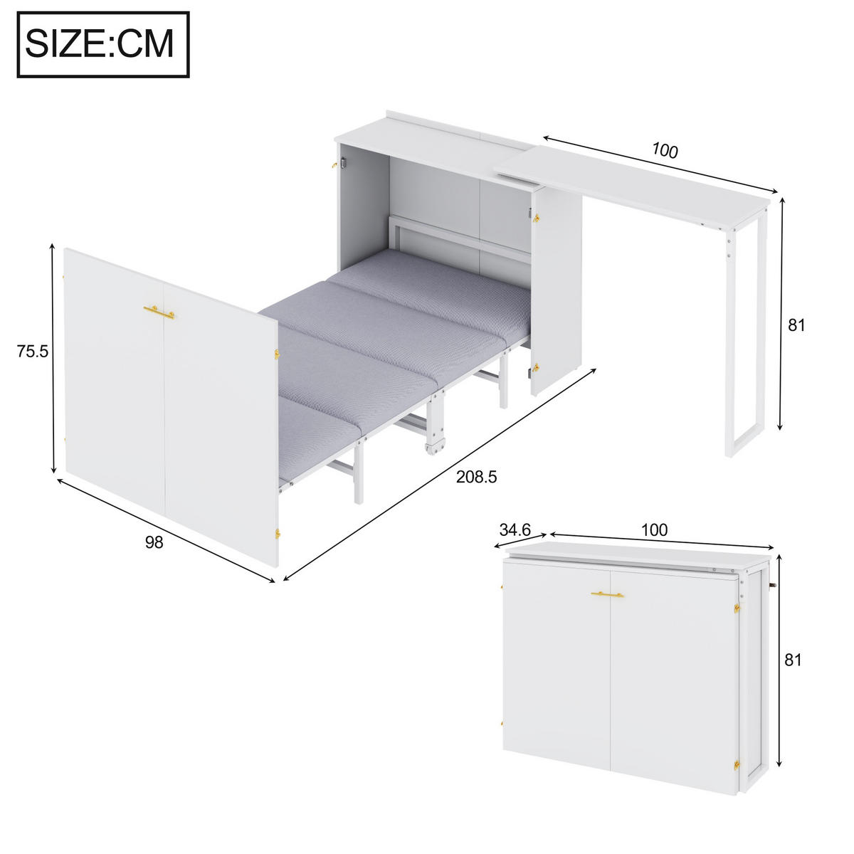 KLAPPBETT 90/200 cm mit drehbarem Schreibtisch, Matratze und Rollen, platzsparend aus Metall, Weiß/Holzfarbe - Weiß, Metall (90/200cm) - Redom