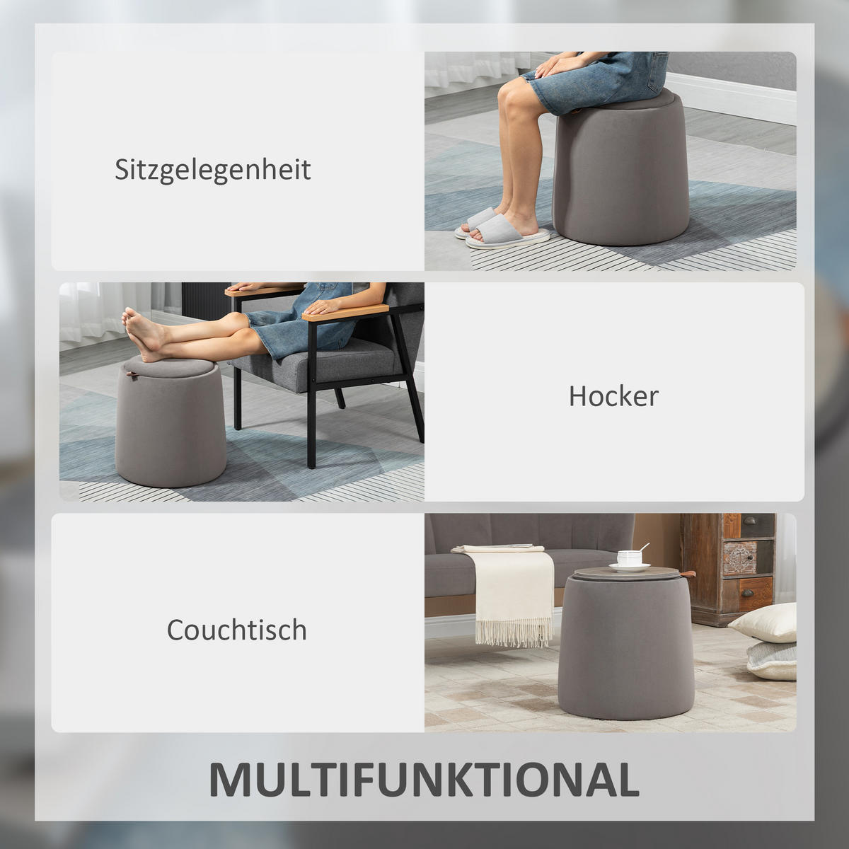 2-IN-1 Ottomane Sitzhocker inklusive Stauraum, abnehmbaren Deckel in Samtoptik - Dunkelgrau/Braun, Holz/Kunststoff (44/47.5/44cm) - HOMCOM