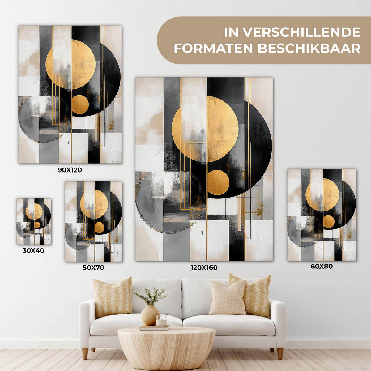 LEINWANDBILD Abstrakt - Gold - Silber - Formen - Ästhetisch - Modern Wandbild Wohnzimmer 60x80 cm - Goldfarben, Textil (60/80cm) - MuchoWow