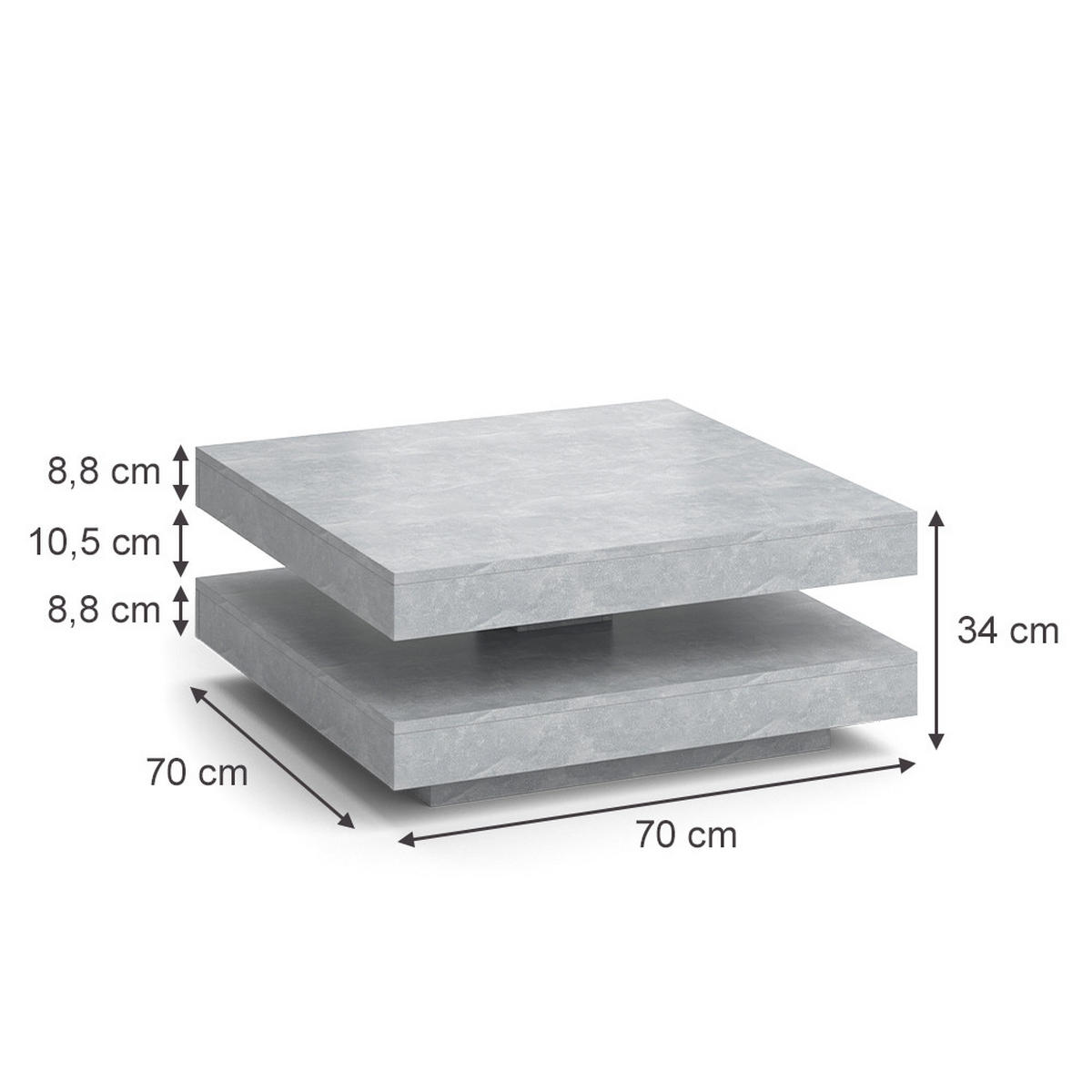 COUCHTISCH Elias Beton 70 x 70 cm - Schieferfarben, Holzwerkstoff (70/70/34cm) - Vicco