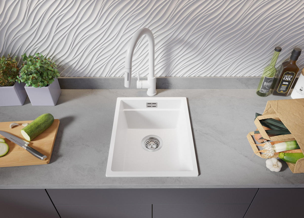 GRANITSPÜLE Praga Slim, 2-er set Weiß 36/47 cm 1 Becken + Küchenarmatur 40/20 cm + Ablauf-Set + Aufrollbare Abtropffläche ab 40er Unterschrank - Chromfarben/Weiß, Kunststoff (36/20/47cm) - Primagran