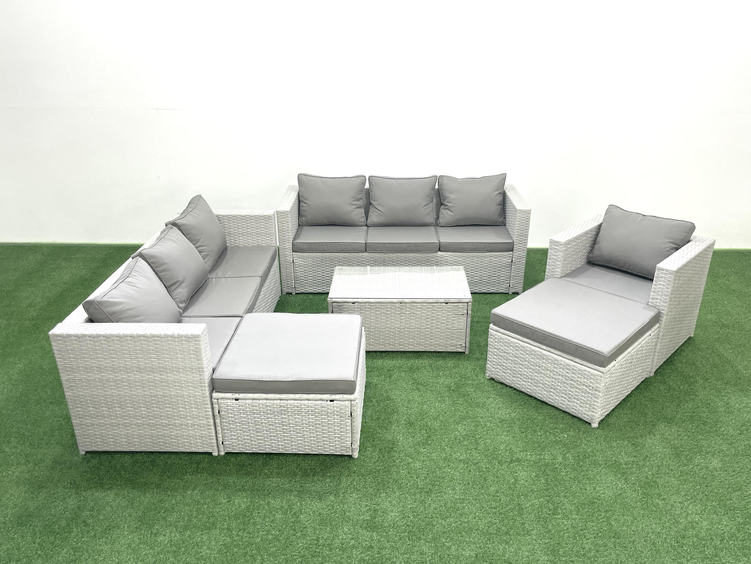 GARTENGARNITUR mit 3-SITZER SOFA,COUCHTISCH Polyrattan Hellgrau-Mix 9-Sitzer - Hellgrau/Grau, Glas/Kunststoff - Fimous