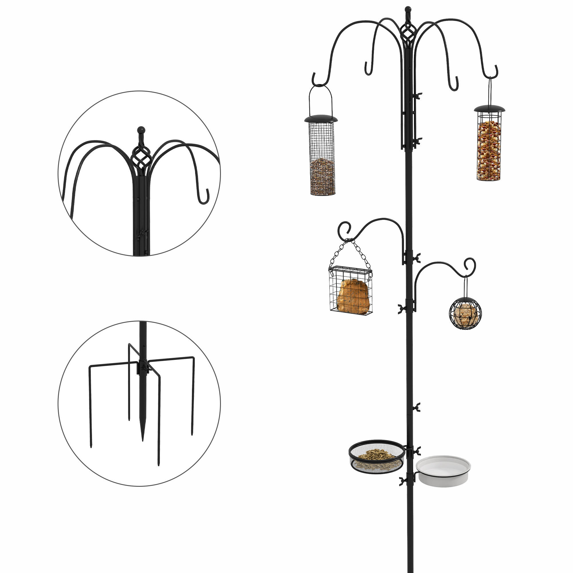 VOGELFUTTERSTATION DE-17808 mit 4 Hänge-Futterhäuschen & 6 Haken Schwarz - Schwarz, Metall (58/226/58cm) - ComfortXL