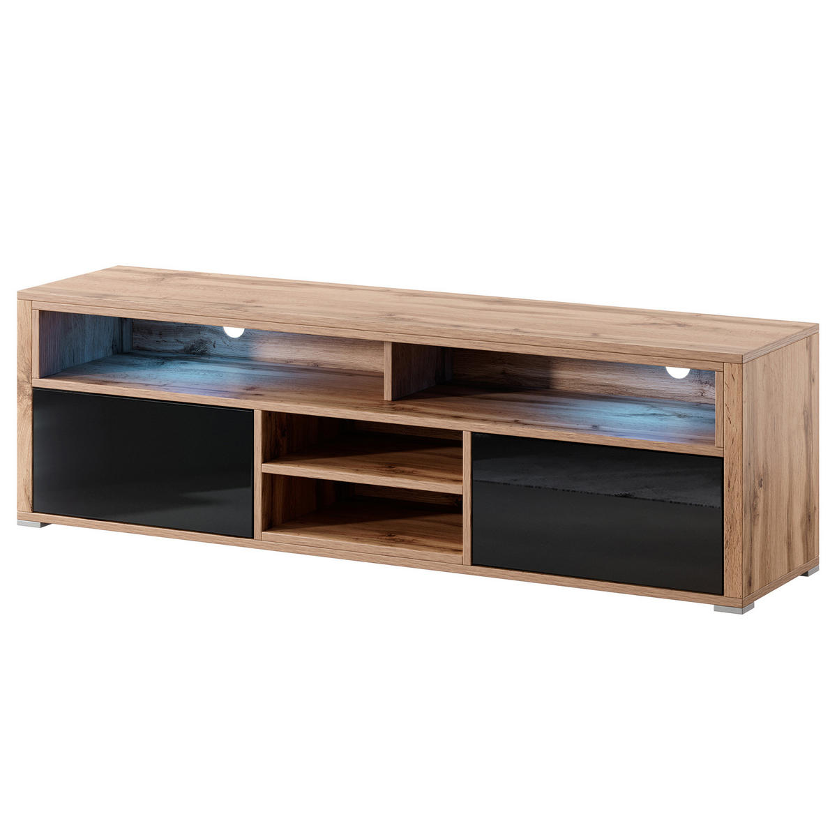 TV-ELEMENT Bella mit 2 Türen und offenem Regal, eiche Wotan+schwarz glänzend - Eichefarben/Schwarz, Holzwerkstoff (137/42.5/33cm) - Beautysofa