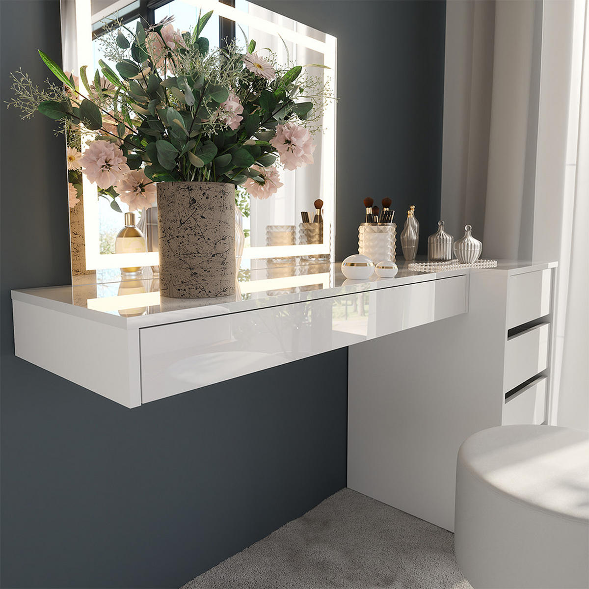 SCHMINKTISCH Sherry Weiß 100 cm 4 Teile - Weiß, Holzwerkstoff (100/12/40.1cm) - Vicco