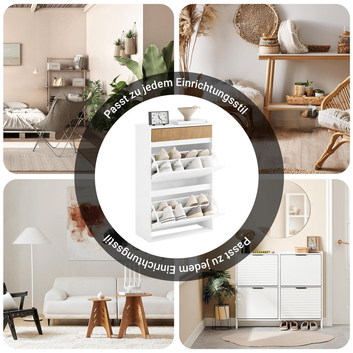 SCHUHKIPPER mit 2 Klappen und Schublade, Skandinavisches Design - Weiß, Holzwerkstoff (61/91/26cm) - SoBuy