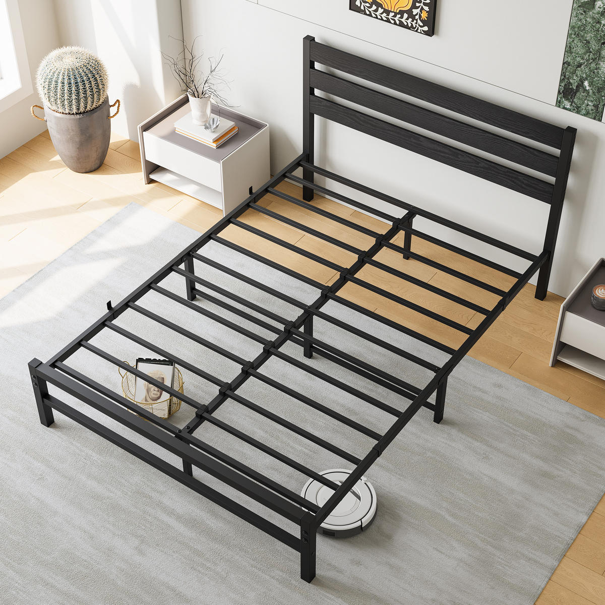 METALLBETT 140/200 mit Stauraum unter dem Bett, mit Lattenrost - Schwarz, Metall (140/200cm) - STILVORA