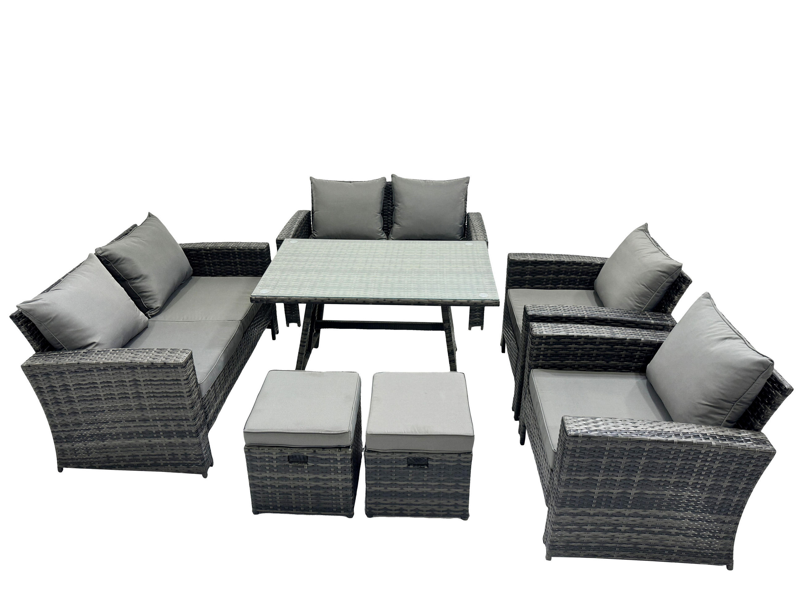 GARTENMÖBELSET mit ESSTISCH,HOCHLEHNER-SOFA Polyrattan Dunkelgrauer Mix 8-Sitzer - Dunkelgrau/Grau, Glas/Kunststoff - Fimous