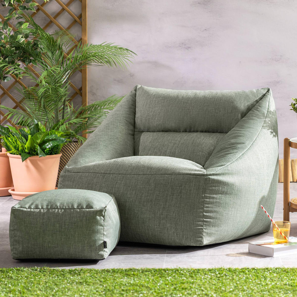 SITZSACK Sessel Outdoor mit Hocker Natalia - Salbeigrün, Textil (97/73/84cm) - icon