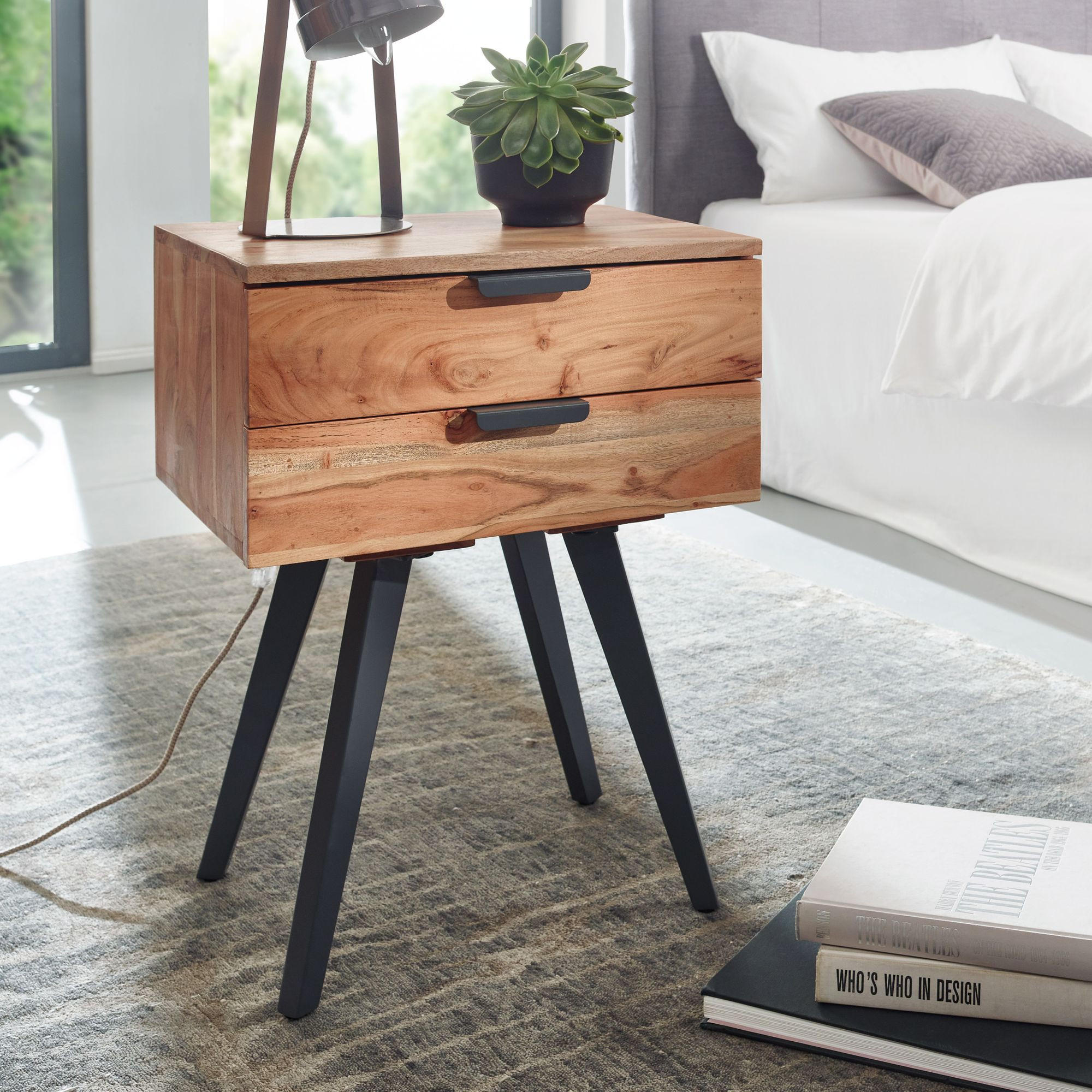 Thumbnail - Kadima Design Nachttisch, Beige, Metall, Echtholz,Akazie, 2 Schubladen, Rechteckig,Rechteckig, 47x65x35 cm, Schlafzimmer...