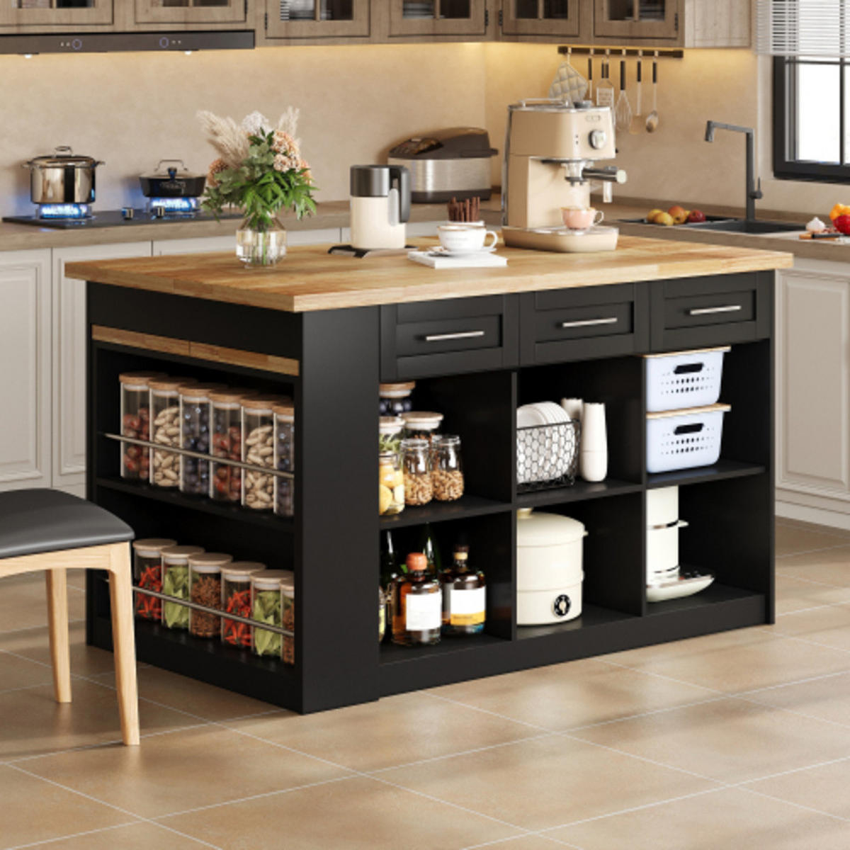 KÜCHENINSEL Schwarz-Natur aus MDF mit integriertem ausziehbarem Esstisch 150 × 90 × 90 cm - Schwarz, Holzwerkstoff (150/90/90cm) - Luhomfu