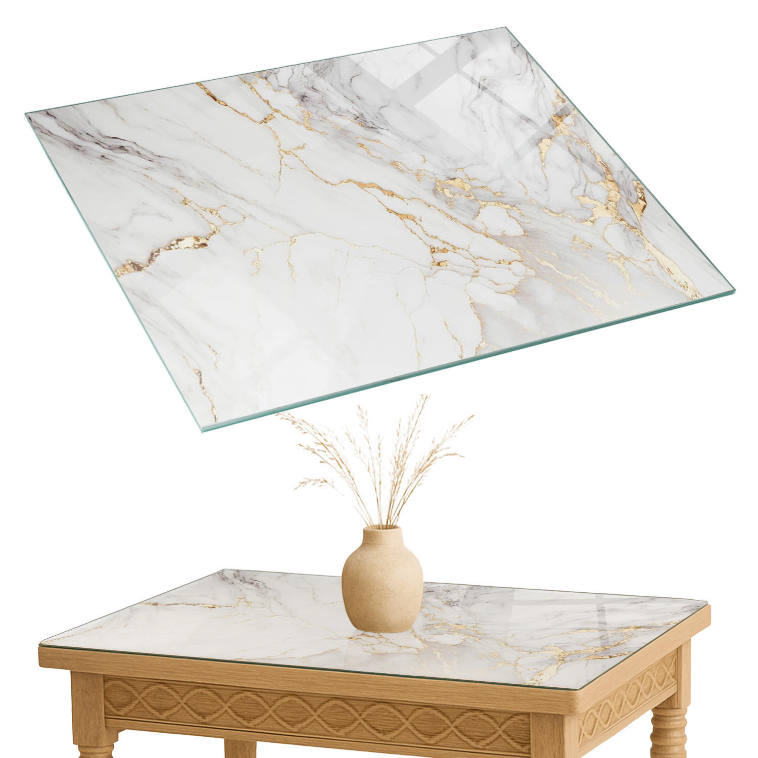 TISCHPLATTE 80x60 cm Eleganter Marmor mit Adern - Weiß, Glas (0.4/80/60cm) - TULUP