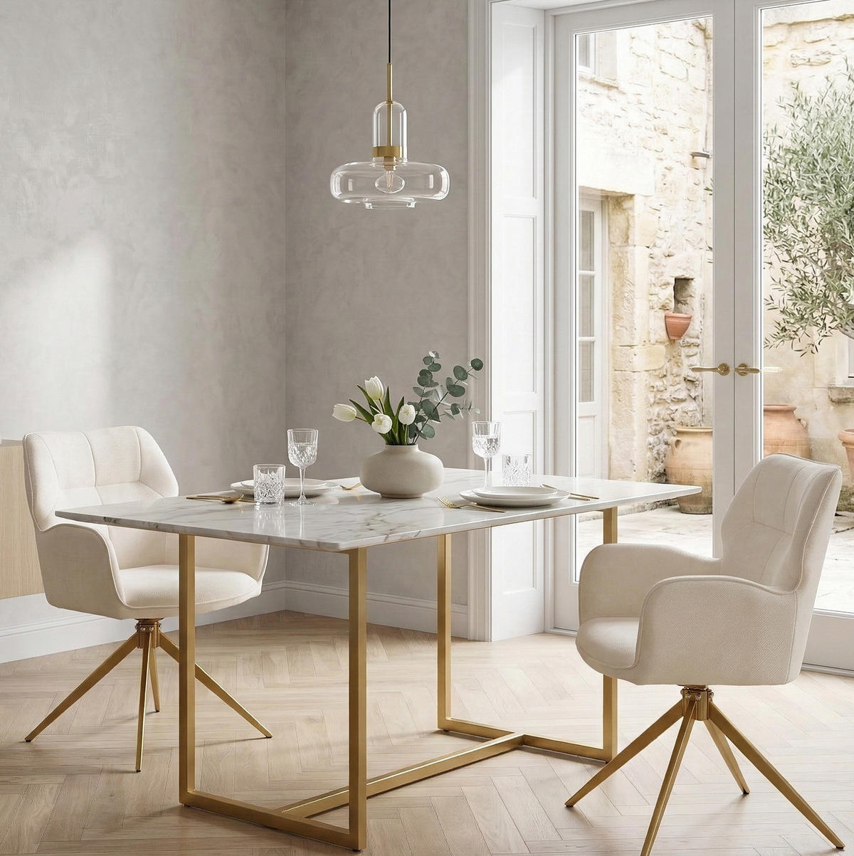 ESSZIMMERSTUHL drehbar 2er-Set Chenille Cream White - Weiß, Metall (45/84/53.5cm) - Meubliv