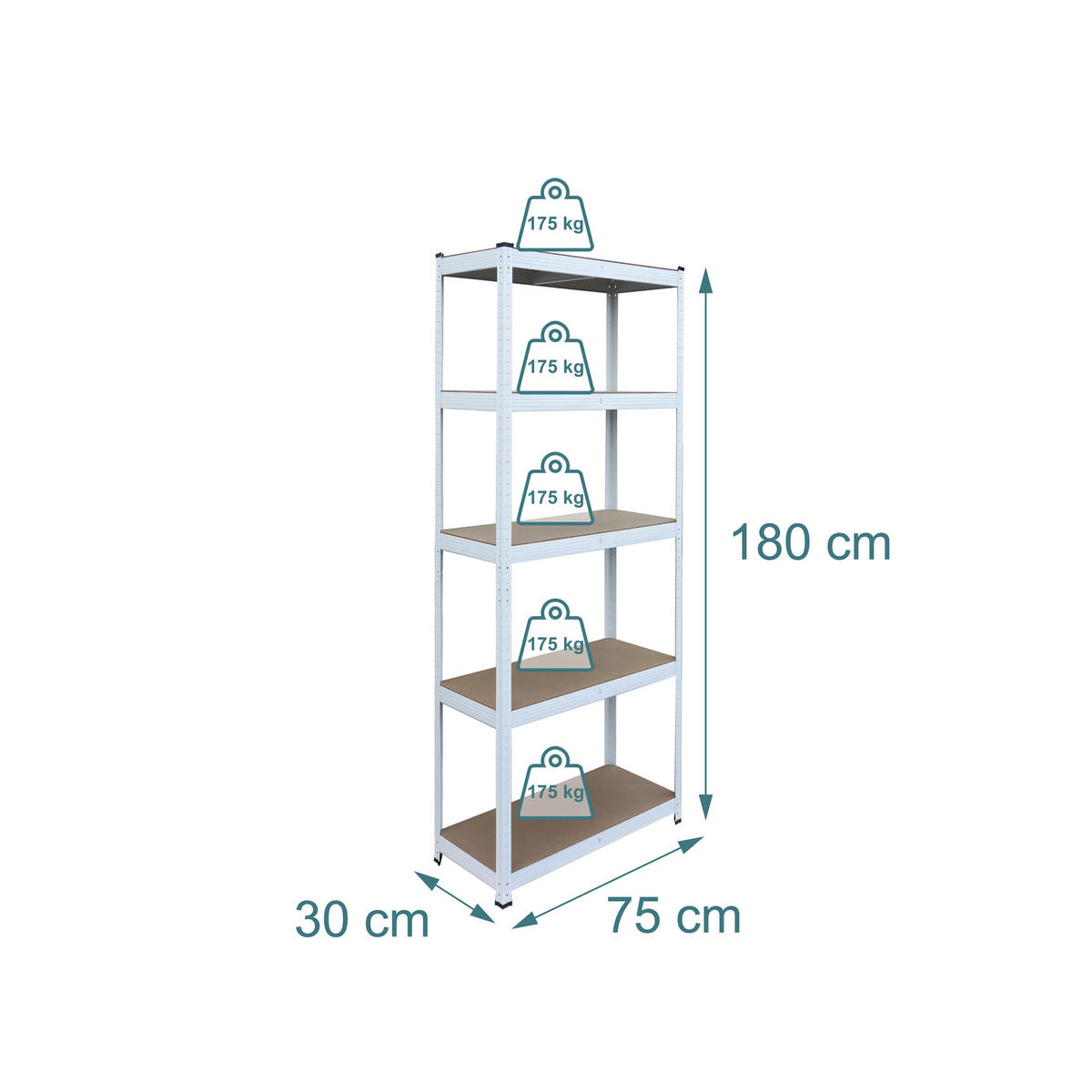 SCHWERLASTREGAL - Weiß, Holzwerkstoff/Kunststoff (75/180/30cm) - Relaxdays