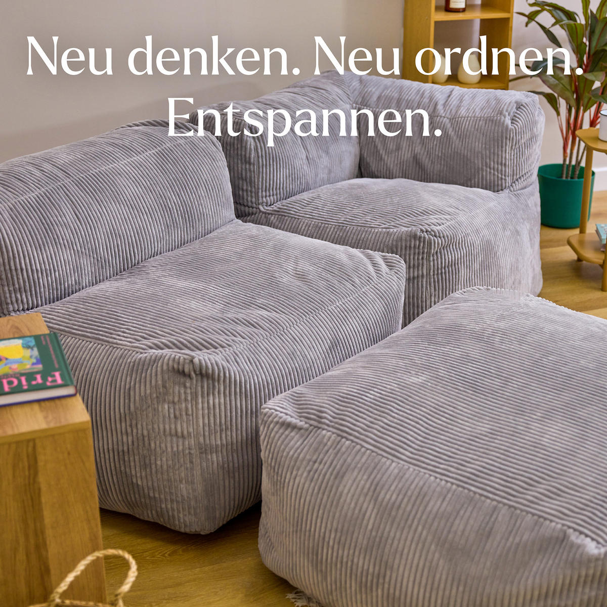 SITZSACK-SOFA 3-tlg. ZEN: Ecksessel, Sessel, Fußstütze - Grau, Textil (500/68/100cm) - icon
