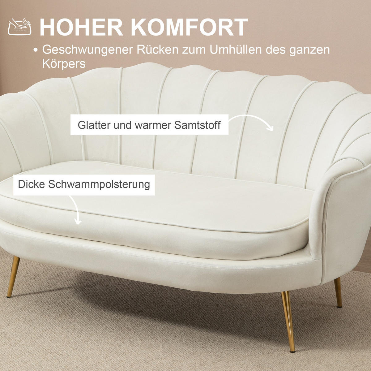 2-SITZER Sofa Samtoptik mit Stahlgestell 130/77/77 cm Creme - Creme, Metall (77/77/130cm) - Redom