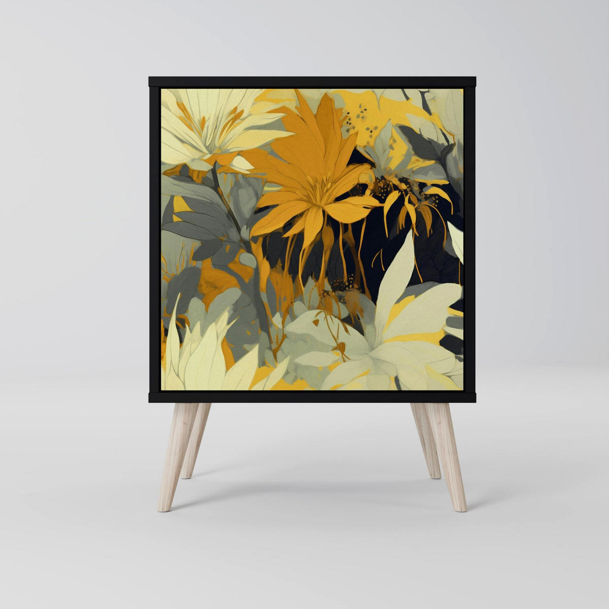 SIDEBOARD SUNKISSED LILY, Schwarz, 57,5x42x75,5 cm, Goldfarbene Metallfüße - Goldfarben/Multicolor, Holzwerkstoff/Metall (57.5/75.5/42cm) - SpaceRebels