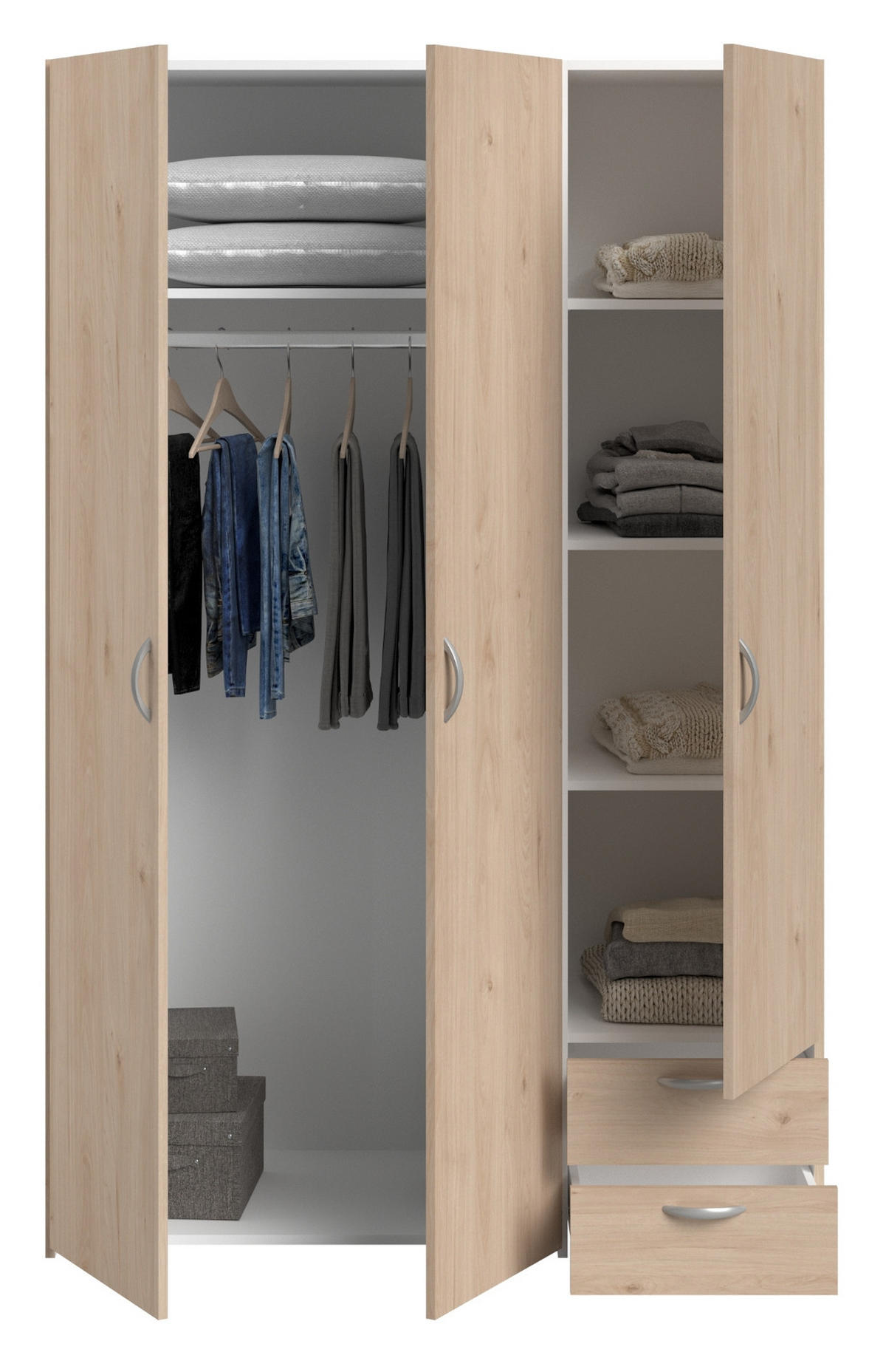 KLEIDERSCHRANK Eiche 120 cm 3-türig, Drehtürenschrank - Eichefarben/Silberfarben, Holzwerkstoff/Kunststoff (120/185/51cm) - Furn.Design