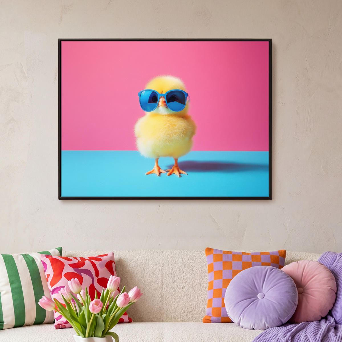 LEINWAND Bilder mit Rahmen - Chick - Sonnenbrille - Blau - 100x70 - Pink, Textil (100/70cm) - MuchoWow