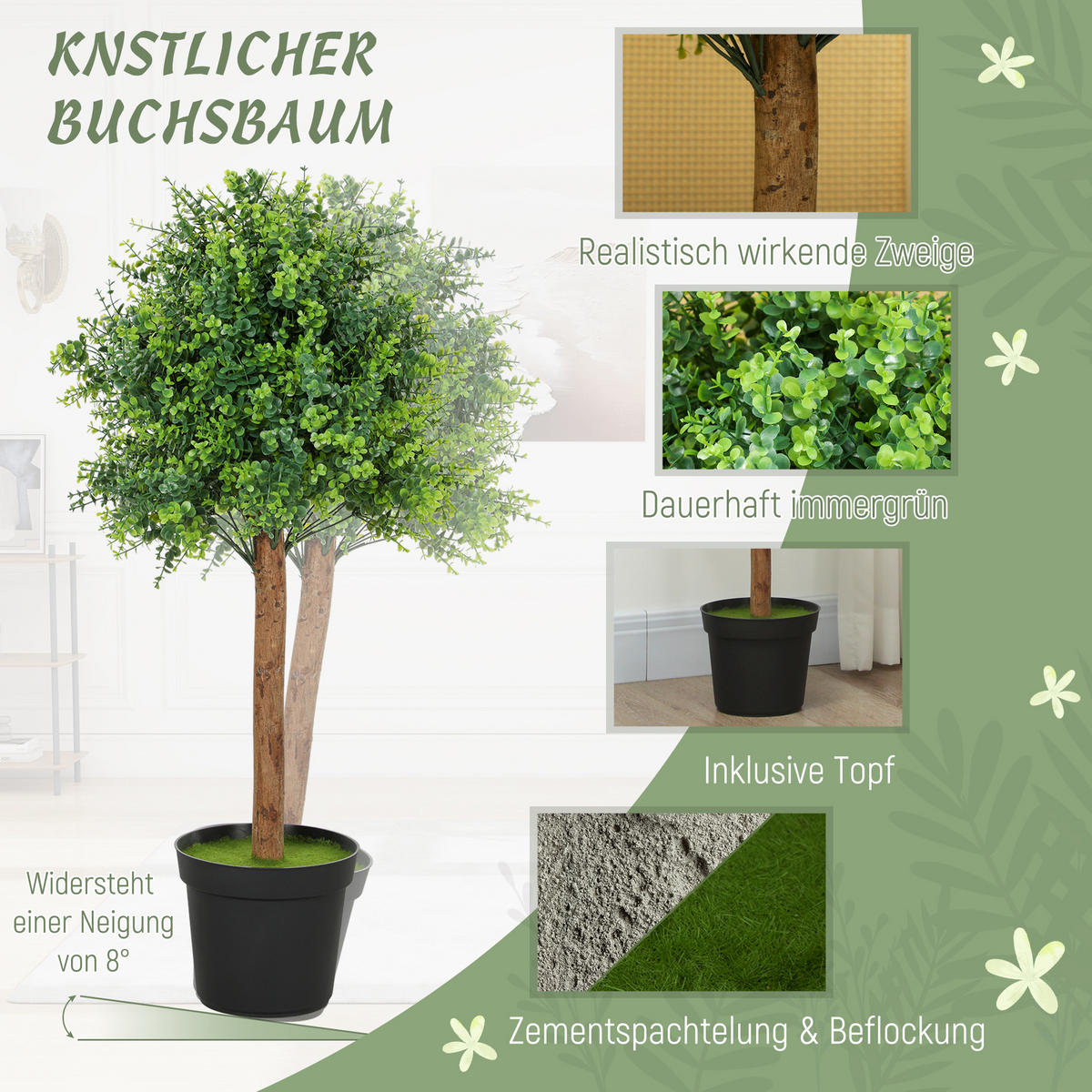 KÜNSTLICHE Buchsbaum 90cm Kunstpflanze im Topf - Schwarz/Grün, Kunststoff (90cm) - HOMCOM