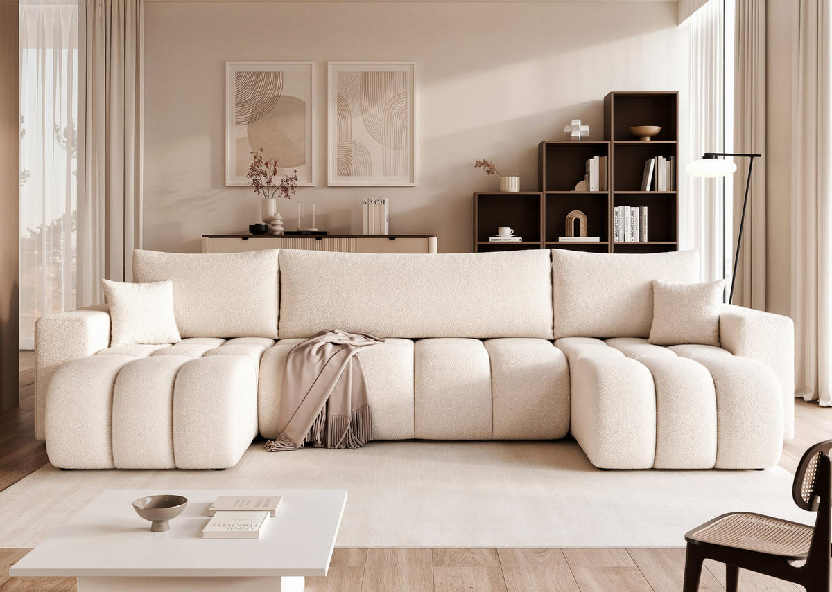 WOHNLANDSCHAFT OFI mit Schlaffunktion und Bettkasten Creme - Creme, Holzwerkstoff/Kunststoff (318/79/145cm) - Idohome
