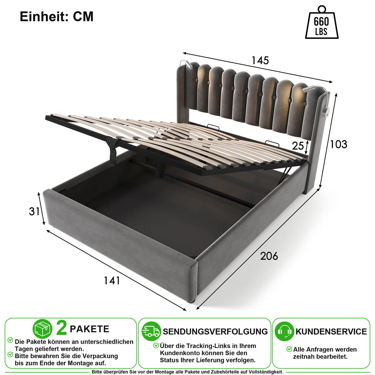 ČALOUNĚNÁ POSTEL 140/200 cm v šedé barvě se sametem, úložným prostorem, čtecím světlem a USB - šedá, kov/kompozitní dřevo (140/200cm) - CHICFURN
