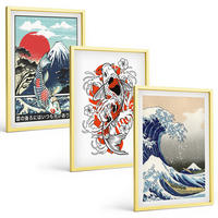 BILDER SET 3er Set - 40x60 cm Goldrahmen - Berge von Fischen Große Welle Japan - Goldfarben, Kunststoff (40/60cm) - TULUP