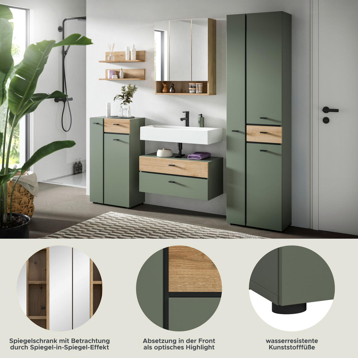 BADEZIMMER Azur 5-tlg. (B/H/T: ca. 207/191/35 cm) in Sage Green/Sage Green - Dunkelgrün, Holzwerkstoff (207/191/35cm)