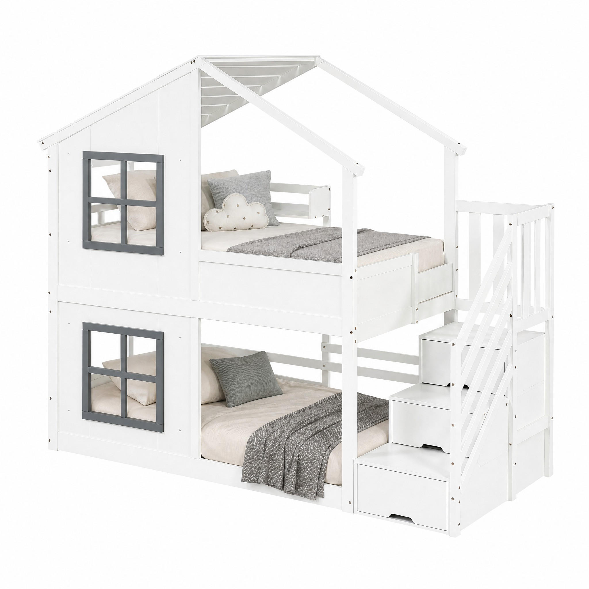 ETAGENBETT mit Treppenregal 90x200 cm Weiß Grau - Weiß, Holz (90/200cm) - Meubliv