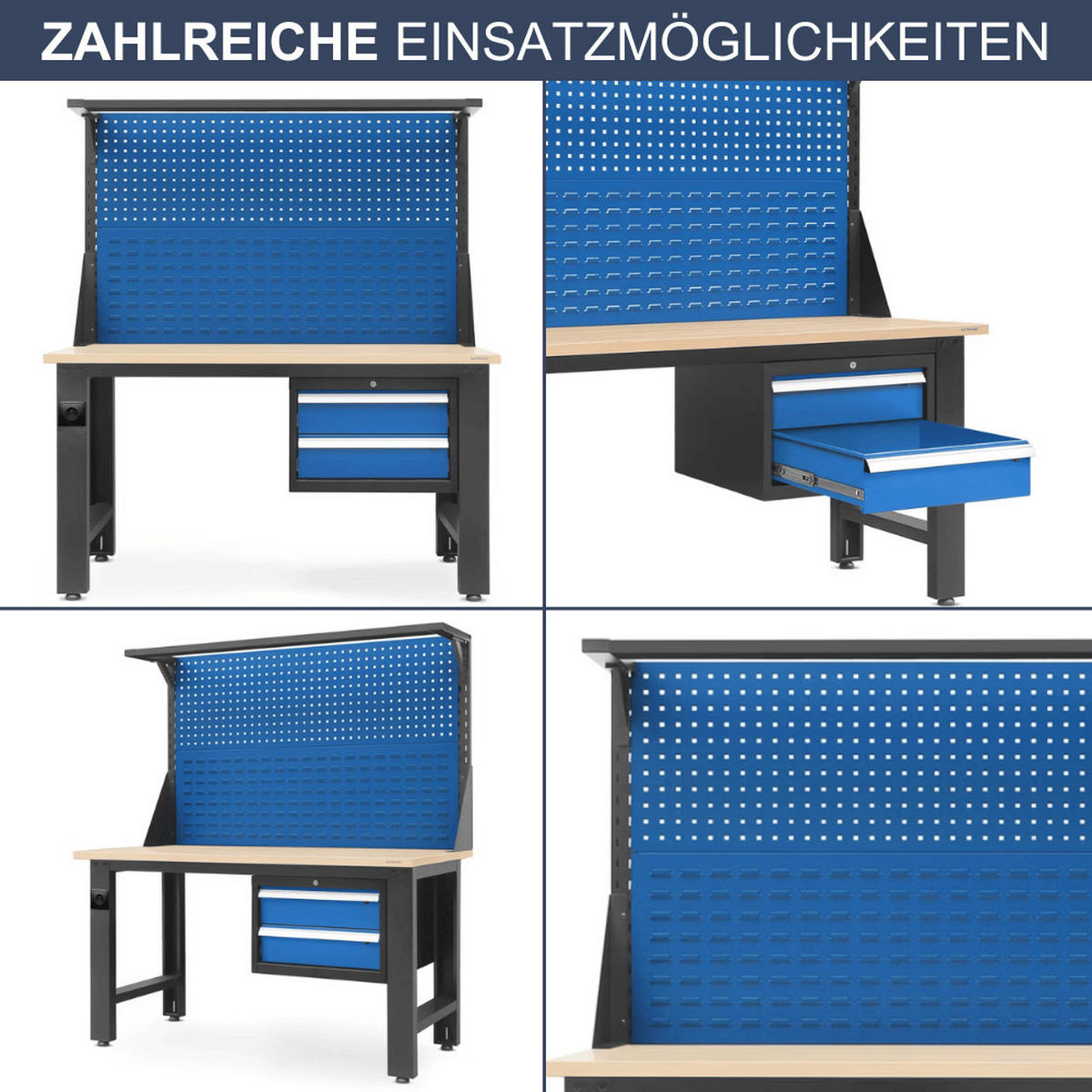 WERKBANK Werkstatt ROBI 170x150x75cm Anthrazit-Blau Platte Braun - Anthrazit, Metall (150/170/75cm) - DELUKE
