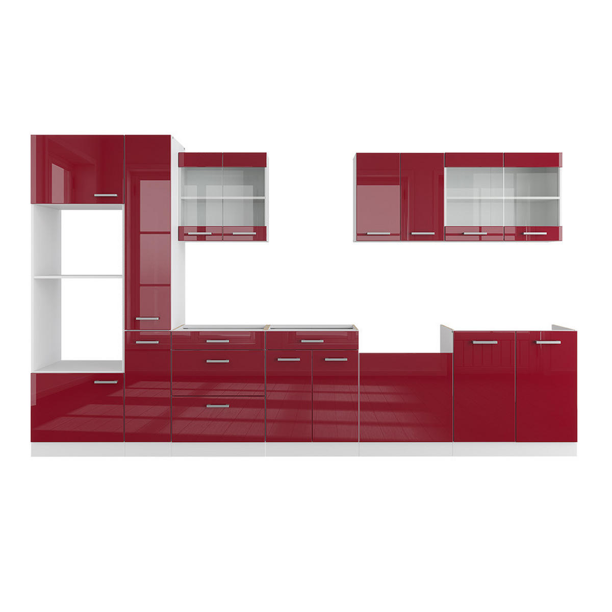 KÜCHENZEILE R-Line Rot Hochglanz/Weiß 350 cm mit Hochschrank, AP Marmor - Rot/Weiß, Holzwerkstoff (350/81.6/60cm) - Vicco