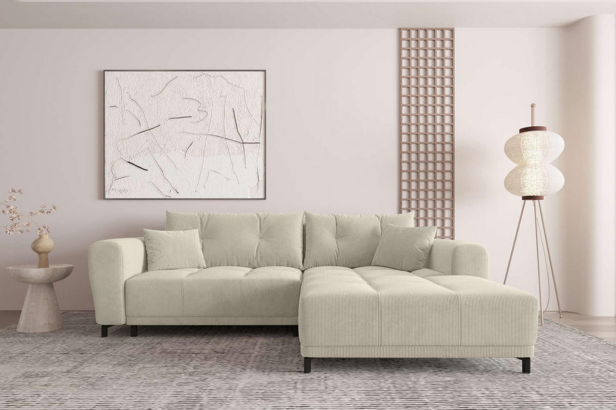 ECKSOFA Massimo Cordstoff Greige inkl. Schlaffunktion Rechts - Greige/Schwarz, Textil/Metall (246/177cm) - 99rooms